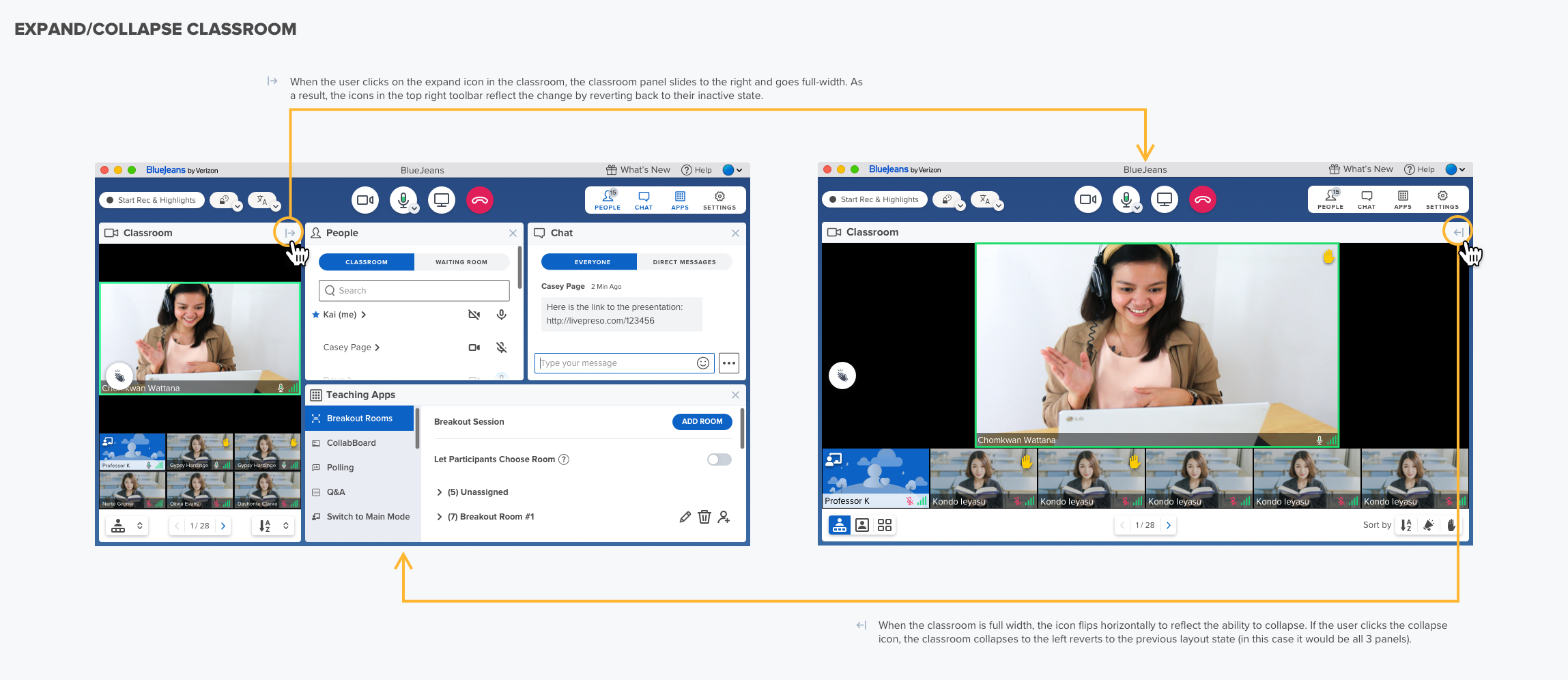 BlueJeans — expand/collapse classroom state management