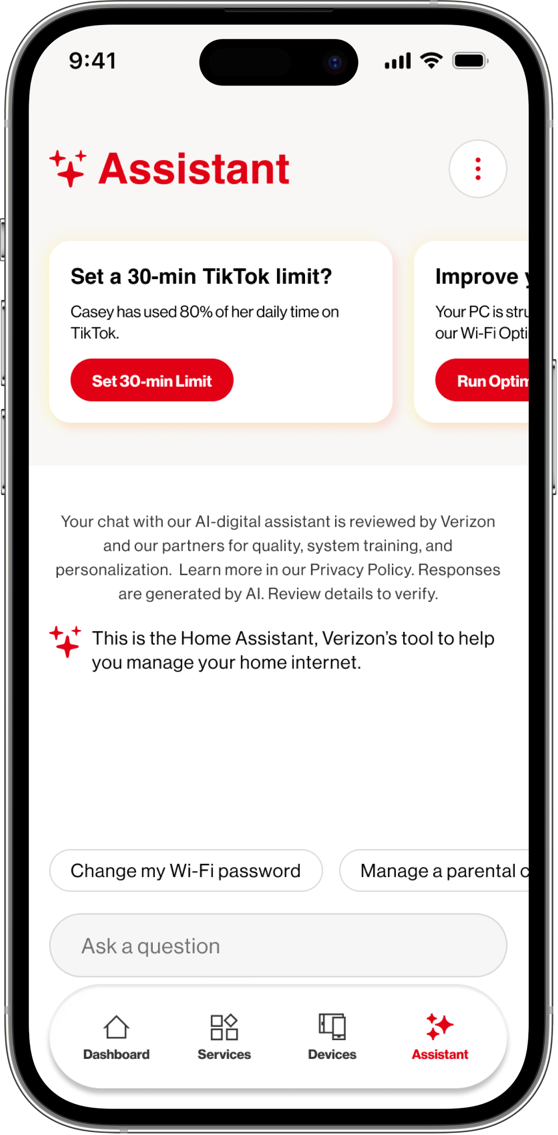Verizon Home App — Home Advisor screen