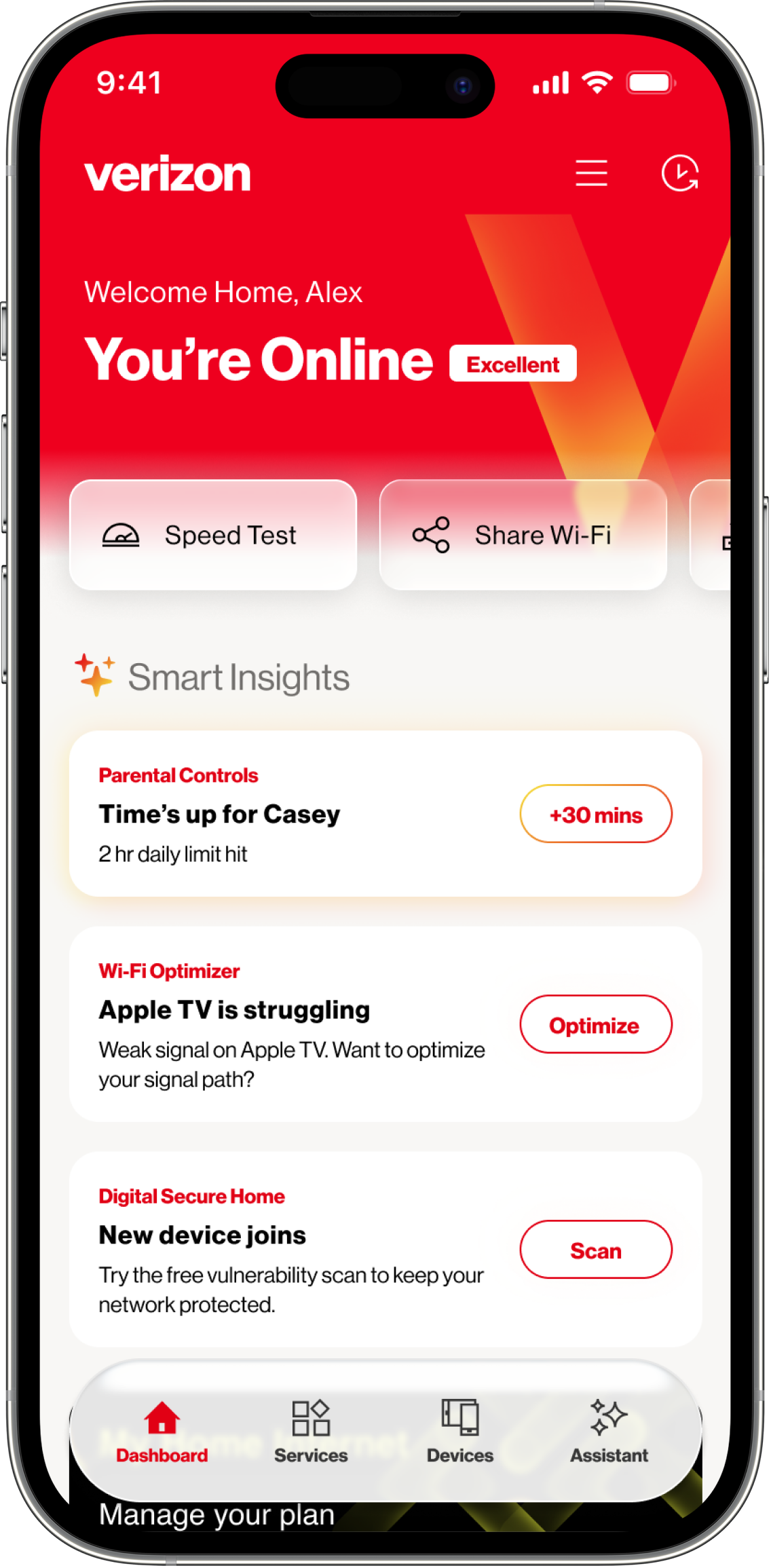 Verizon Home App — Home Dashboard screen